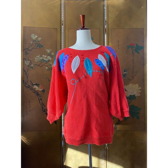 Vintage cotton blend sweater in red with embroideries, size M - Picture 1 of 7